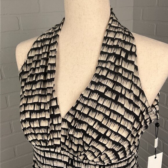Calvin Klein Dress Women 2 Tan Black Halter Smock‎ Marilyn Monroe Stretch NWT - Picture 2 of 13